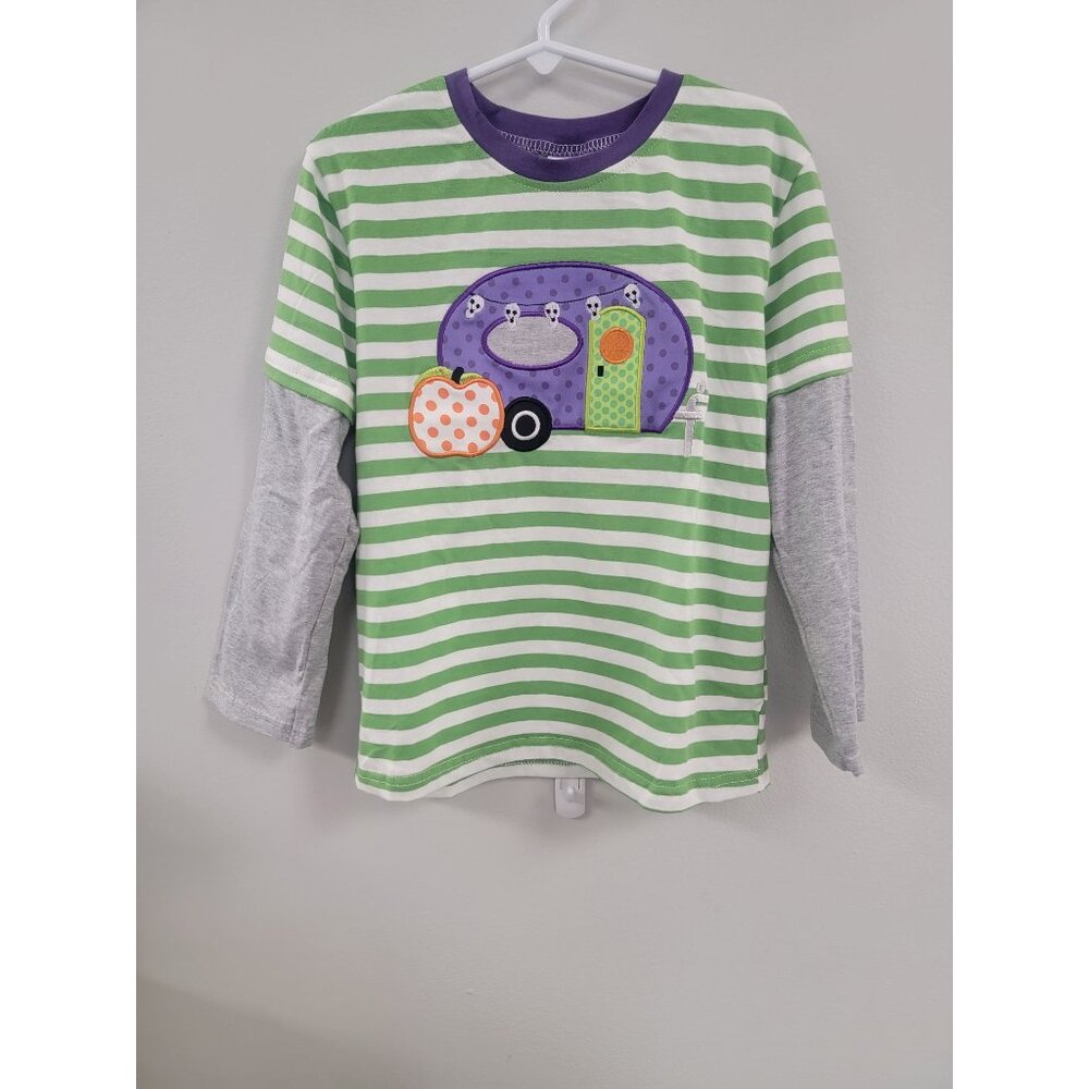 Kids Halloween Striped 2T Long-Sleeve Shirt W/ Camper & Pumpkin Design - Green &